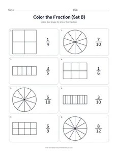 Color the Fraction (Set B) printable worksheet for grades 1 to 3