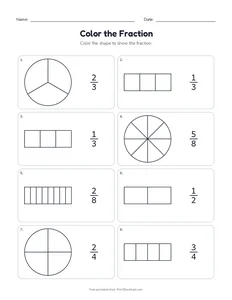 Color the Fraction printable worksheet for grades 1 to 3