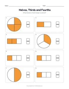 Halves, Thirds and Fourths printable worksheet for grades 1 to 3