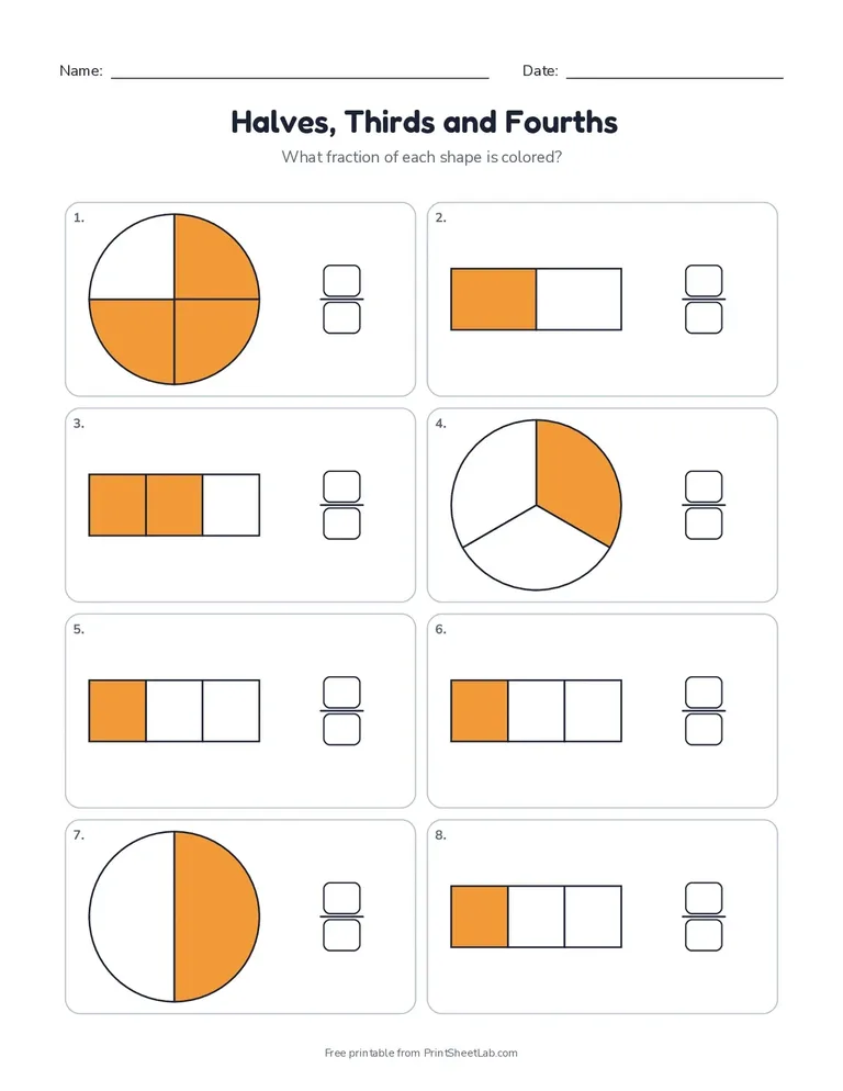 Fractions worksheets: a printable page with fractions of shapes to color and an answer key