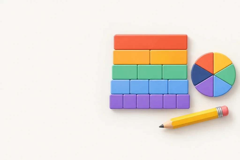 Illustration of colorful fraction tiles stacked into a fraction wall beside a fraction circle and a pencil