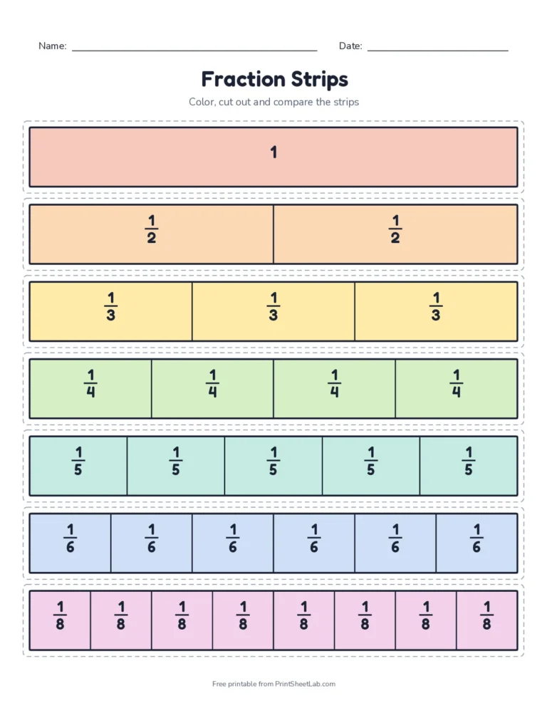 Printable fraction strips from one whole to twelfths with dashed cut lines