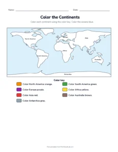 Color the Continents printable worksheet for grades 2 to 5