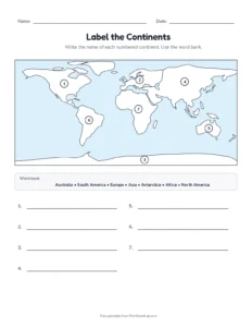 Label the Continents printable worksheet for grades 2 to 5