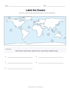 Label the Oceans printable worksheet for grades 2 to 5