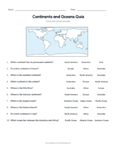 Continents and Oceans Quiz (Set B) printable worksheet for grades 2 to 5