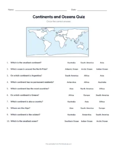 Continents and Oceans Quiz printable worksheet for grades 2 to 5