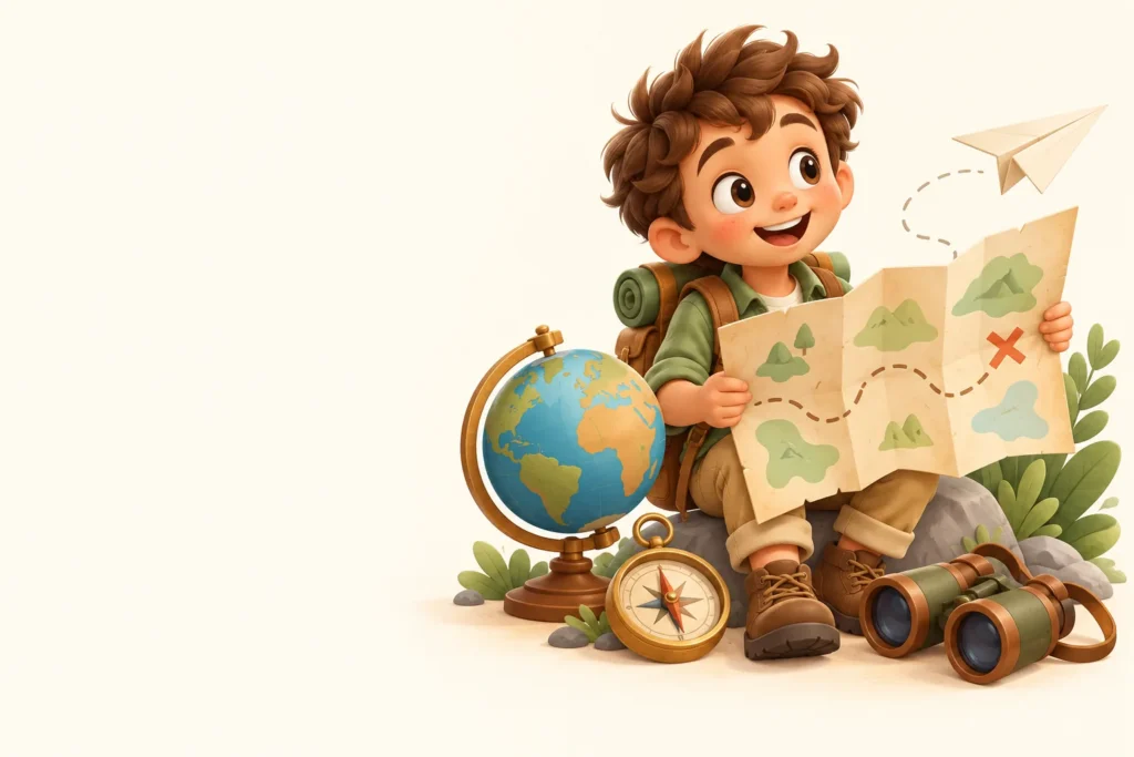 Child explorer reading a treasure map beside a globe, compass and binoculars