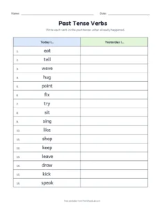 Past Tense Verbs: Mixed Review printable worksheet for grades 1 to 3