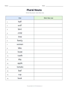 Plural Nouns: Mixed Review printable worksheet for grades 1 to 3