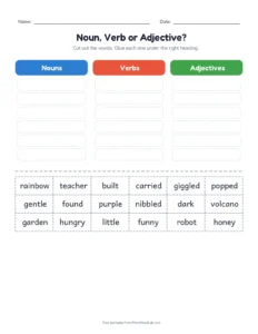 Noun, Verb or Adjective? Sort (Set B) printable worksheet for grades 2 and 3