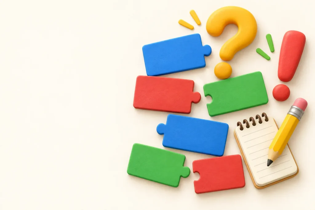 Illustration of blue, red and green word puzzle pieces with a question mark, an exclamation mark, a notebook and a pencil