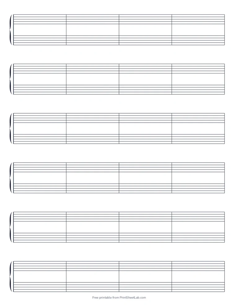 Grand staff paper for piano with six braced systems and four bars per line