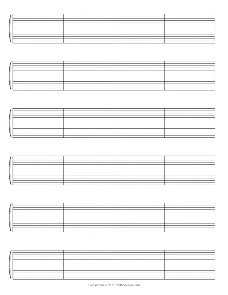 Grand staff paper for piano with six braced systems and four bars per line