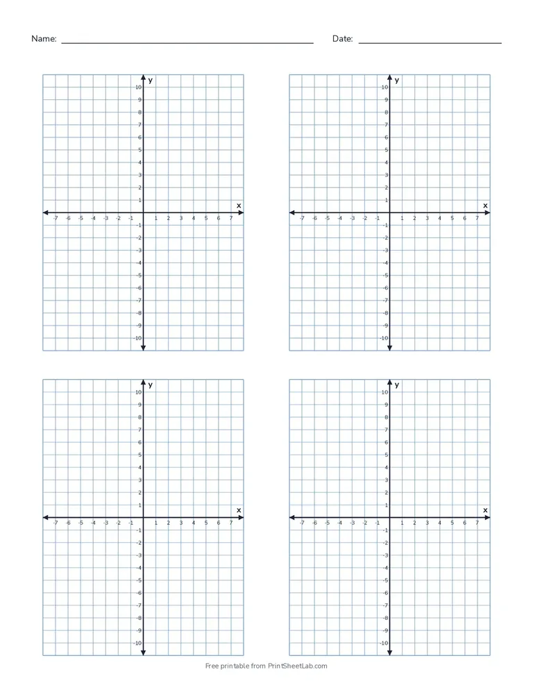 Graph paper with x and y axis: four numbered coordinate planes on one page