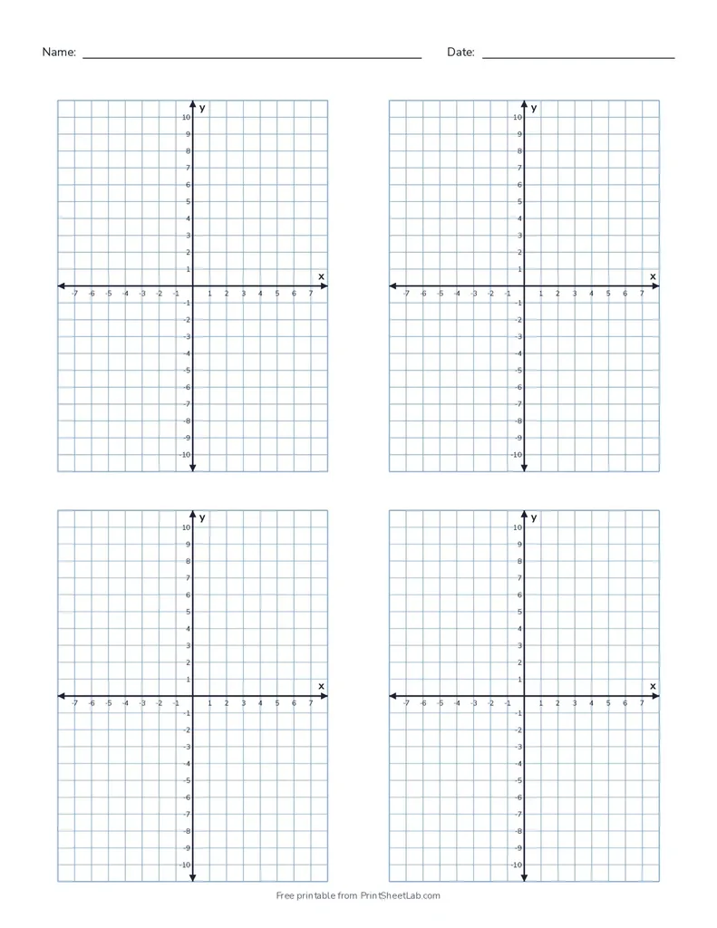 Printable graph paper with x and y axis: four numbered coordinate planes on one US Letter page with a name and date line