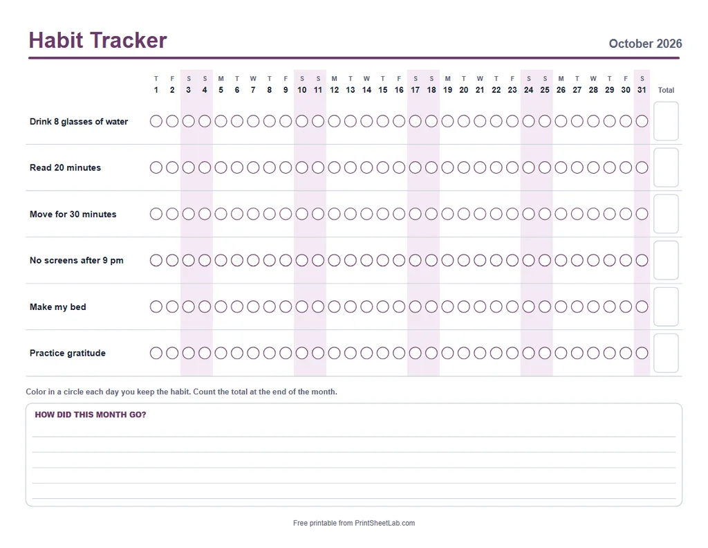 Habit tracker printable with one circle per day for each habit in the plum color theme