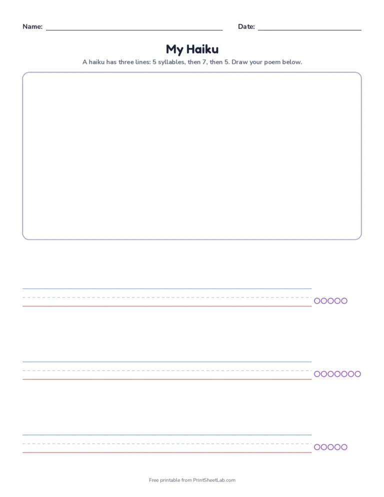 Haiku template with a drawing box and three lines with 5, 7 and 5 syllable dots