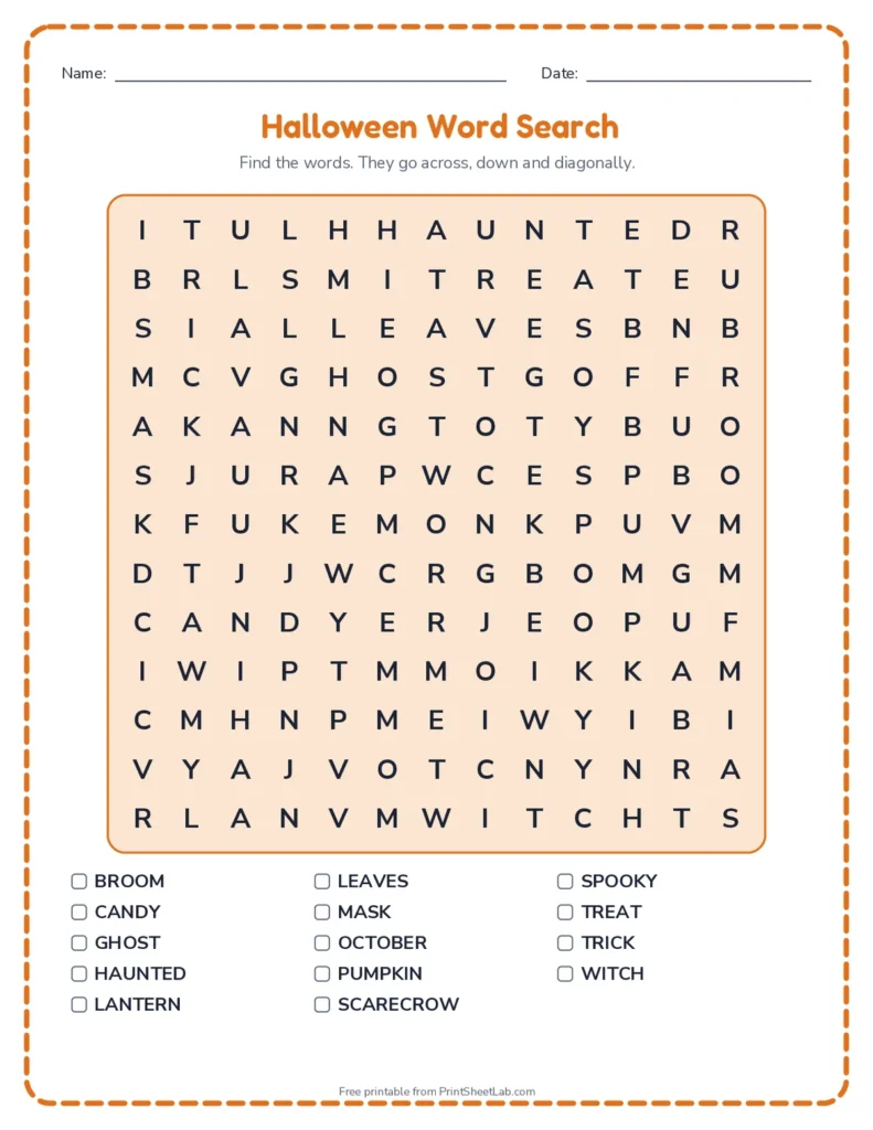 Printable Halloween games for kids: word search, bingo card, word scramble and a pumpkin card to color
