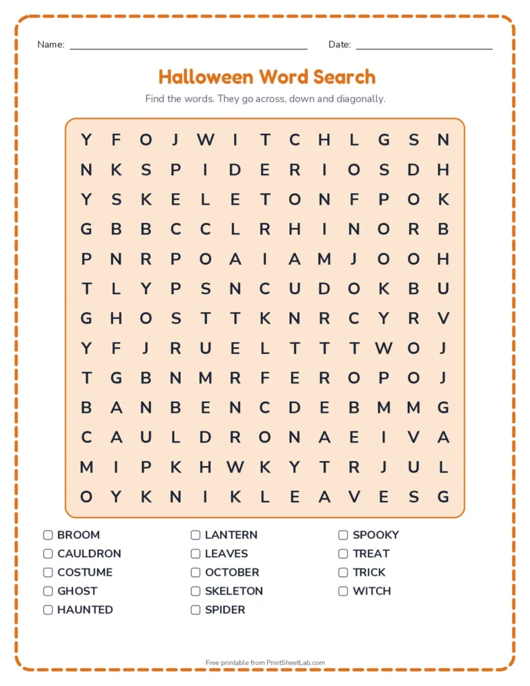 Halloween worksheets for kids: word search, word scramble, bingo, costume writing prompt and card