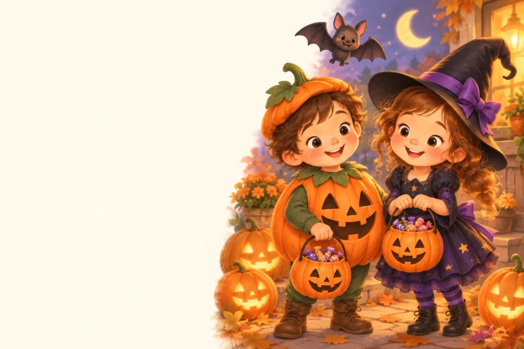 Two smiling kids in pumpkin and witch costumes with candy buckets, jack-o-lanterns and a friendly bat