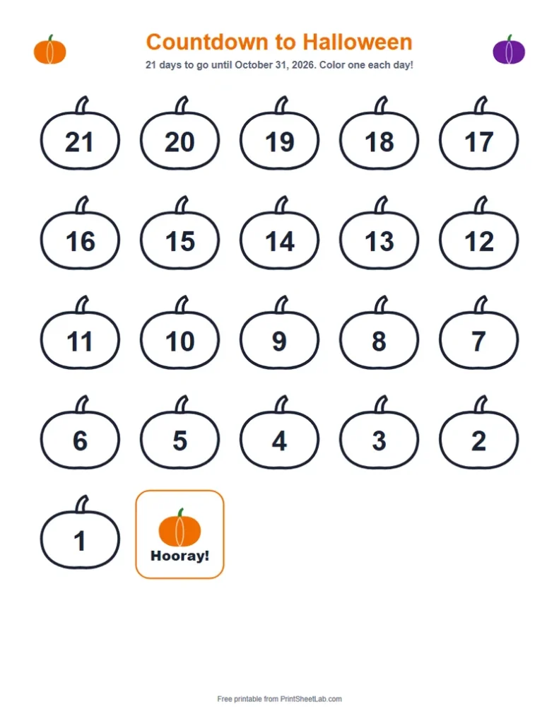 Halloween countdown calendar printable with pumpkins to color until October 31