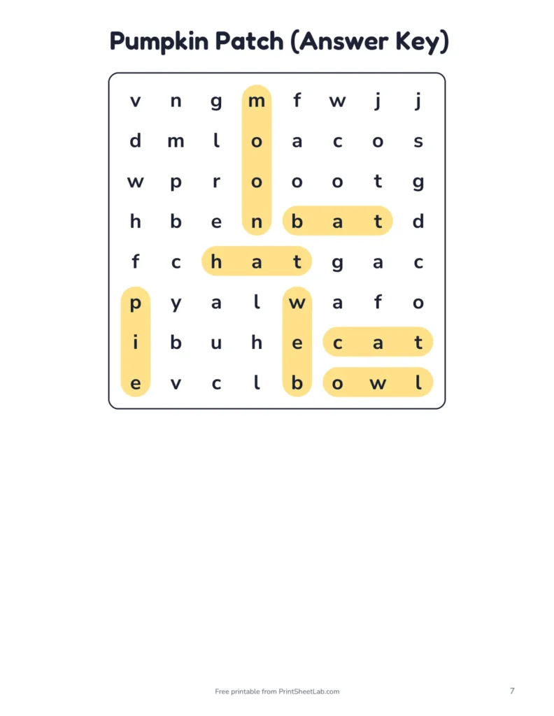 Answer key page from the Halloween Puzzle Pack with the hidden words highlighted