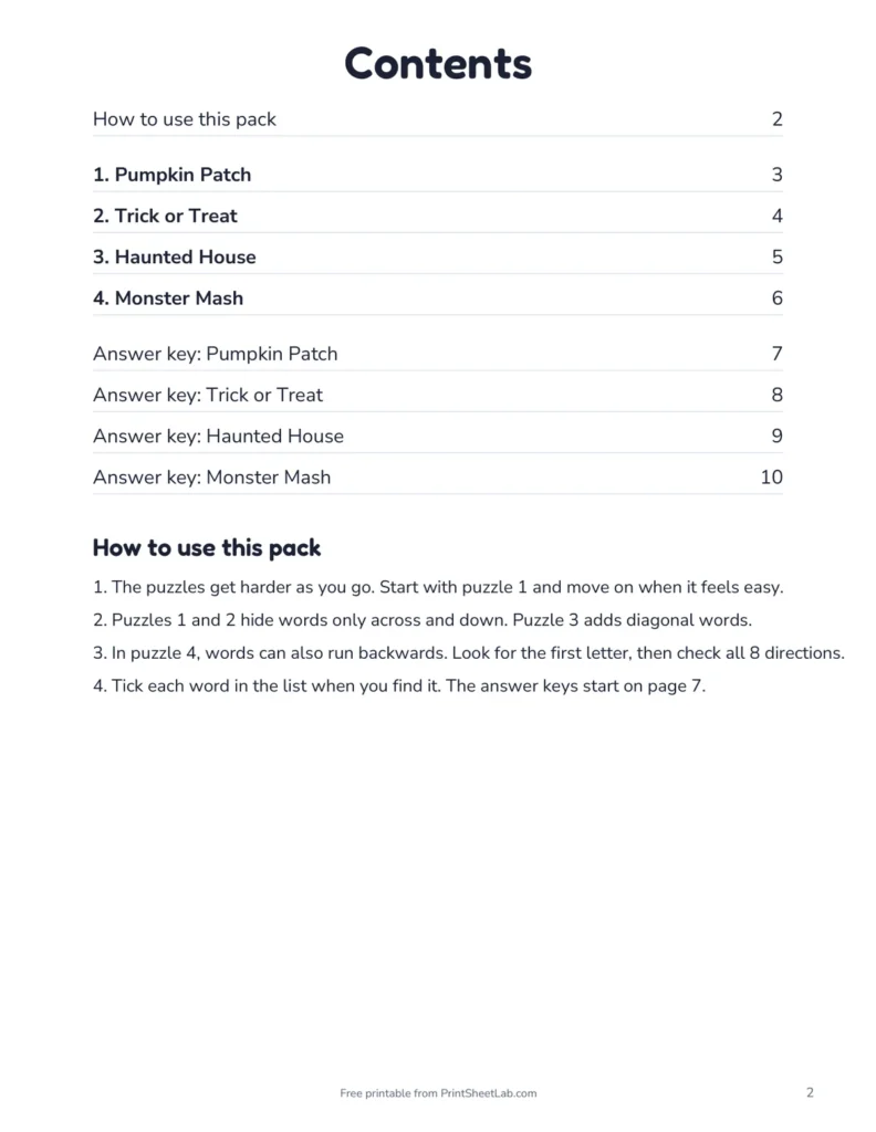 Contents page of the Halloween Puzzle Pack listing four puzzles and four answer keys with page numbers