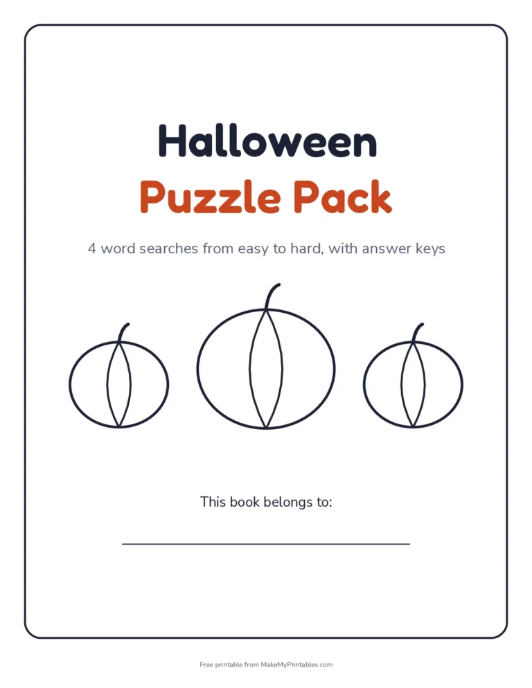 Halloween printable workbook: cover of the 10-page Halloween puzzle pack