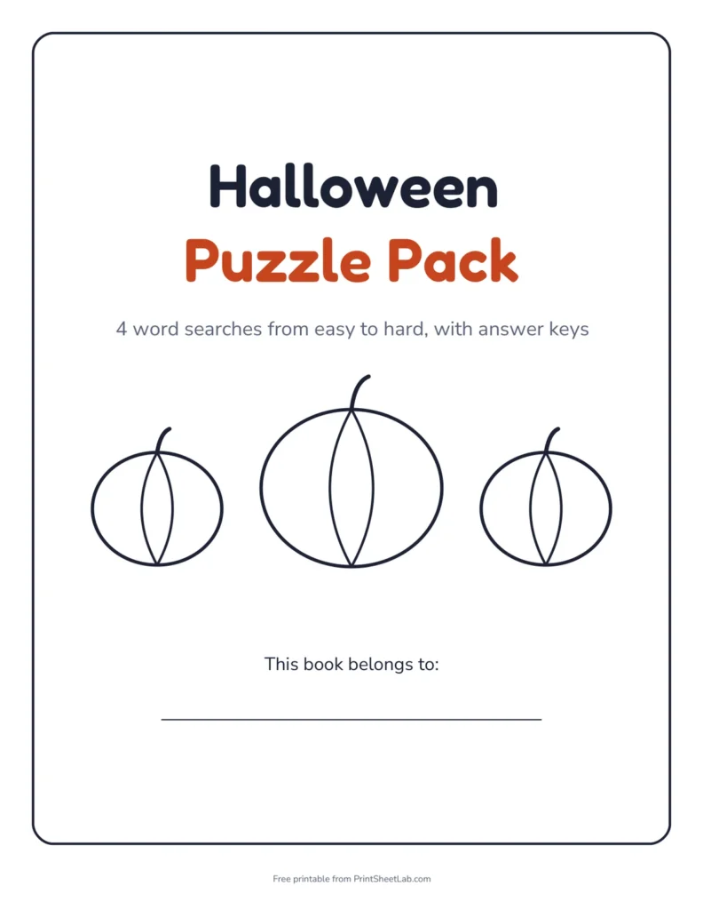 Cover of the Halloween Puzzle Pack printable workbook with pumpkin outlines and a line for the owner name