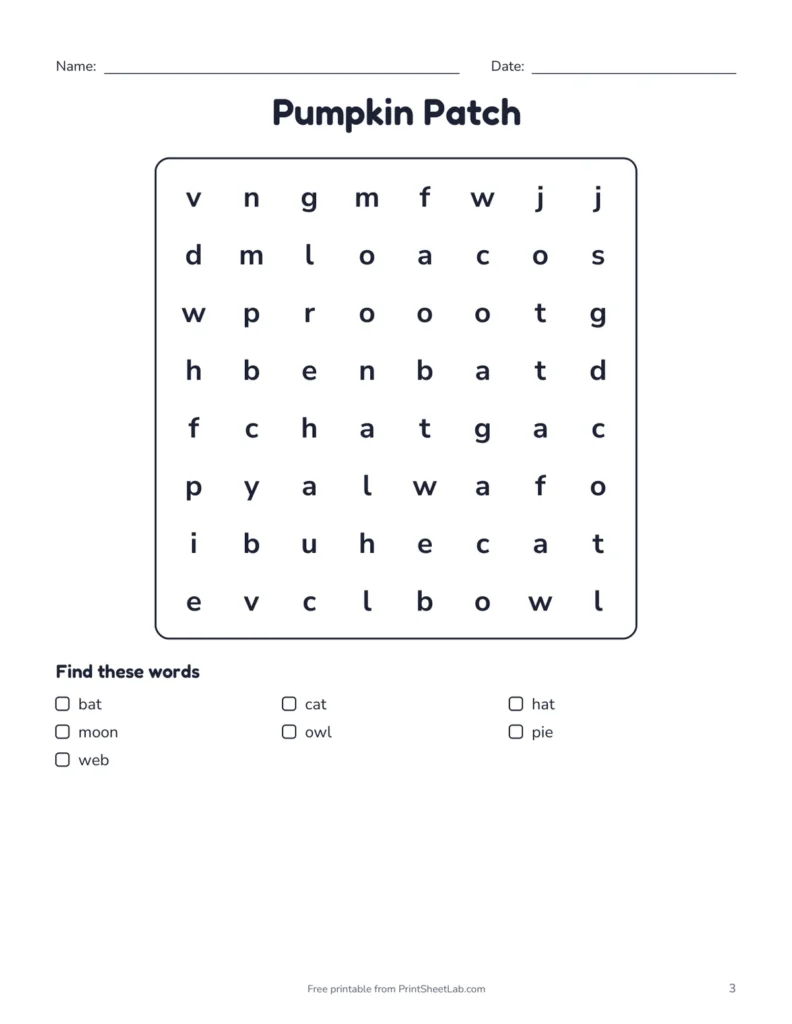 Easy Pumpkin Patch word search from the Halloween Puzzle Pack with an 8 by 8 lowercase grid