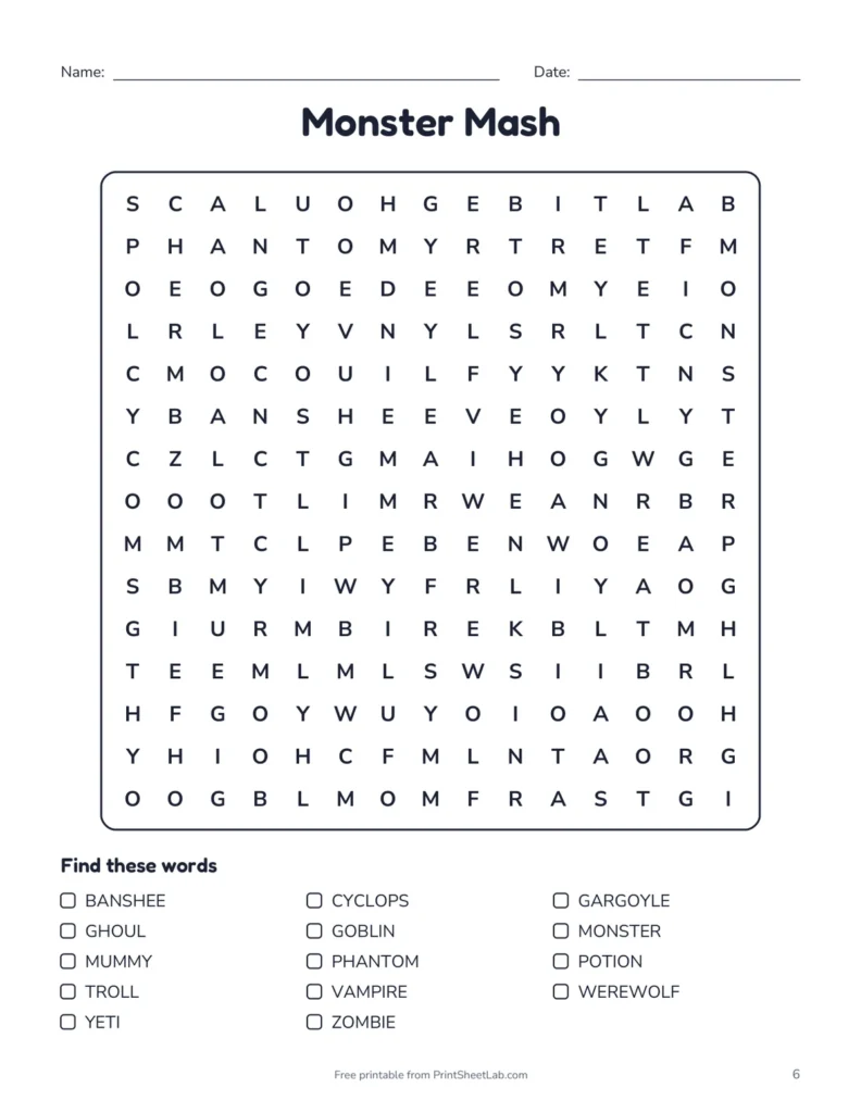 Hard Monster Mash word search from the Halloween Puzzle Pack with a 15 by 15 grid