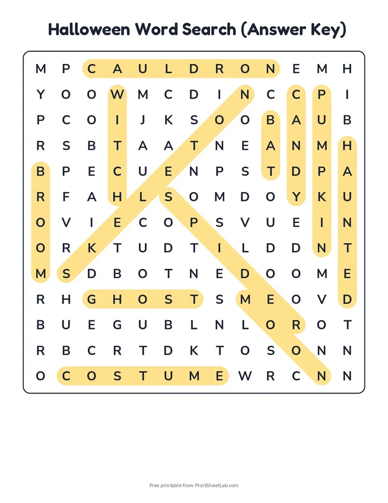 Answer key for the Halloween word search with all 12 words highlighted