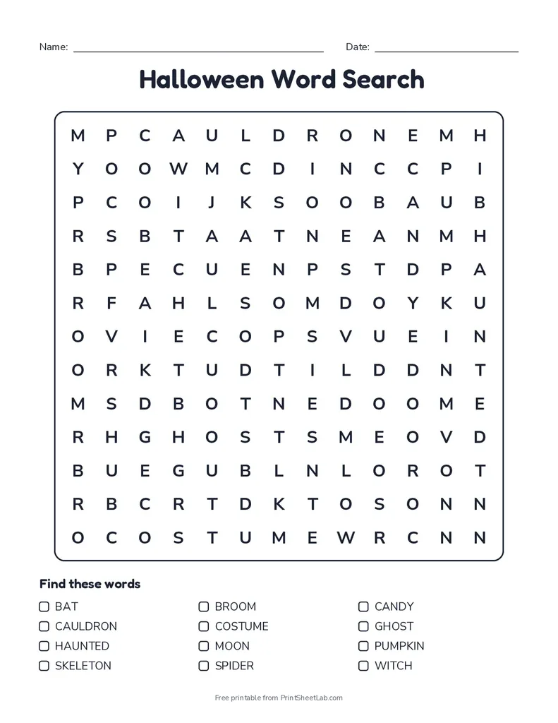 Printable Halloween word search with 12 words hidden in a 13 by 13 letter grid, a name and date line, and a word list