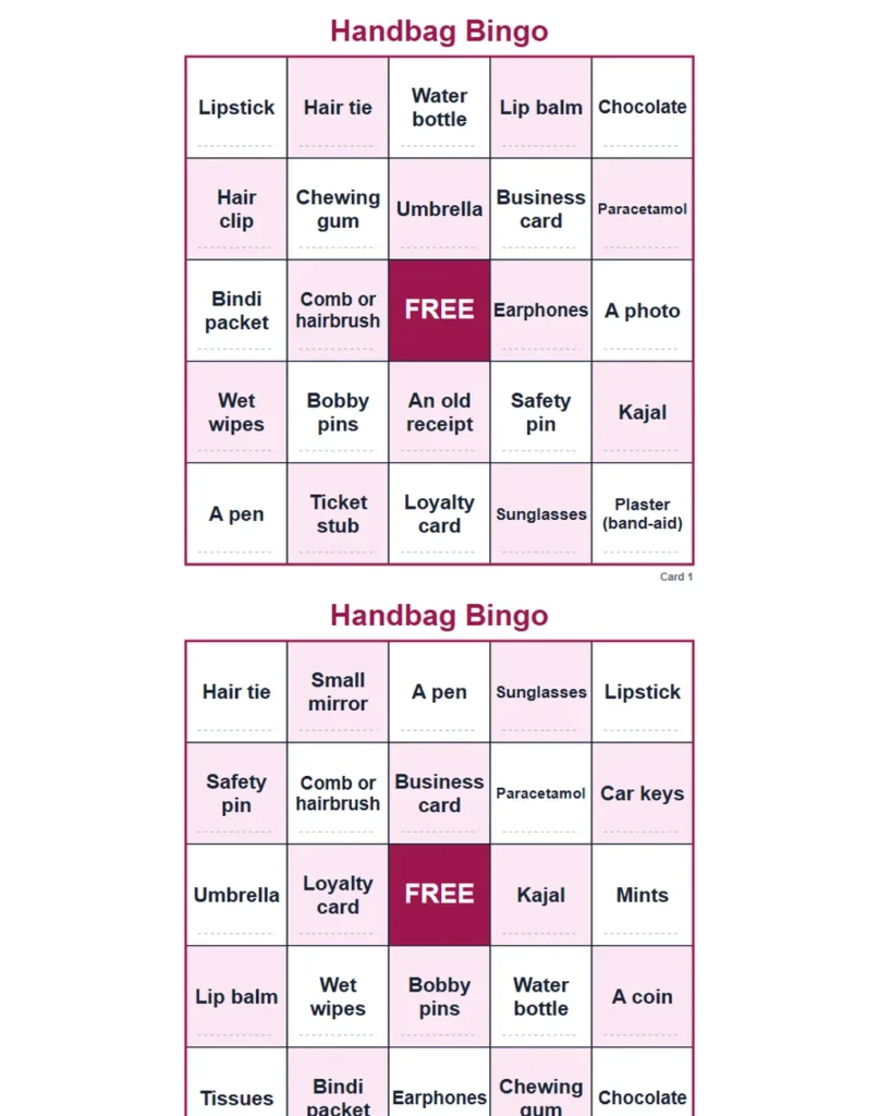 Printable handbag bingo cards, one of the most popular kitty party games for ladies