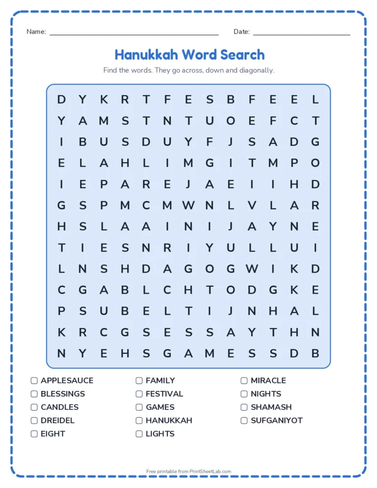 Hanukkah worksheets for kids: word search, word scramble, bingo, acrostic poem and greeting card