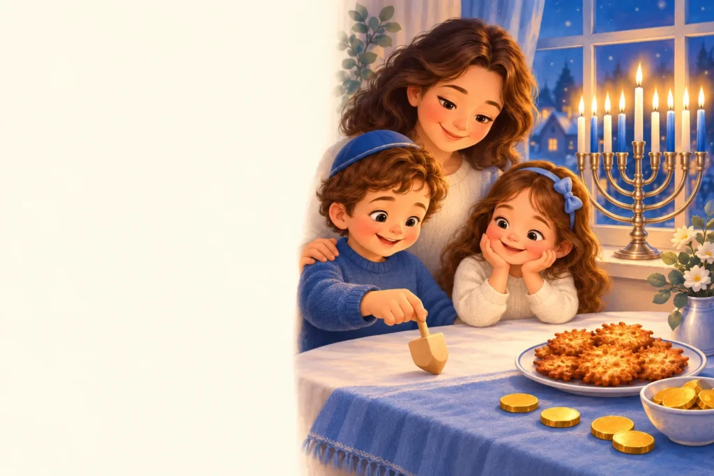 Family with two children beside a lit menorah, with a dreidel, latkes and chocolate coins