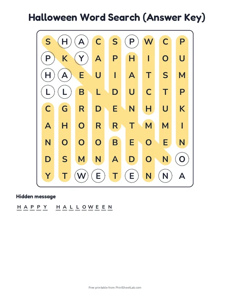Answer key for the hidden message word search with the Halloween words highlighted, the message letters circled and Happy Halloween written in the blanks