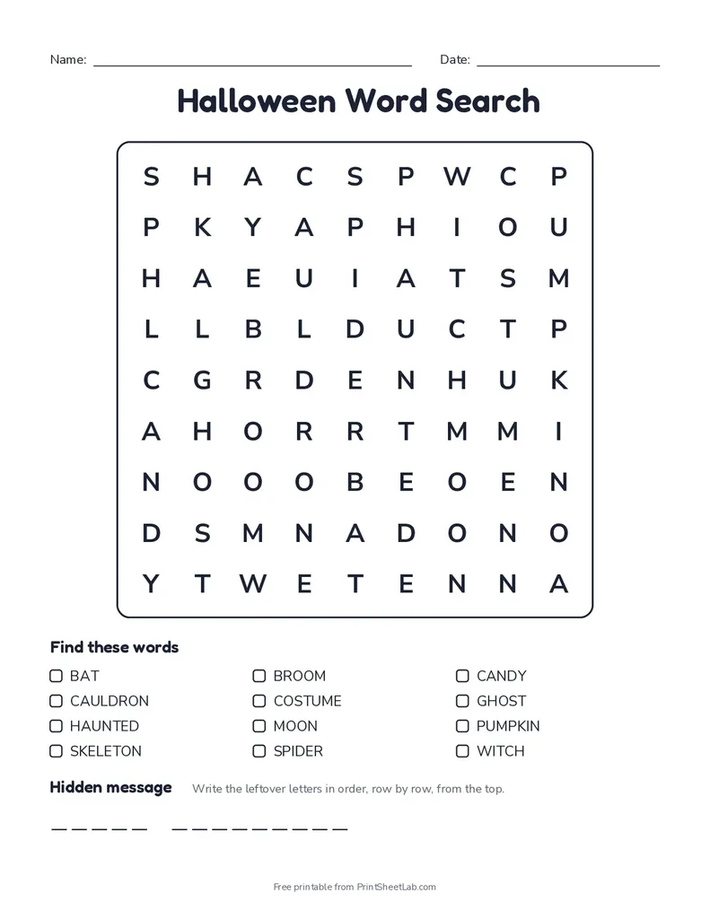 Hidden message word search printable: Halloween words in a 9 by 9 grid with a word list and blank lines for the secret message