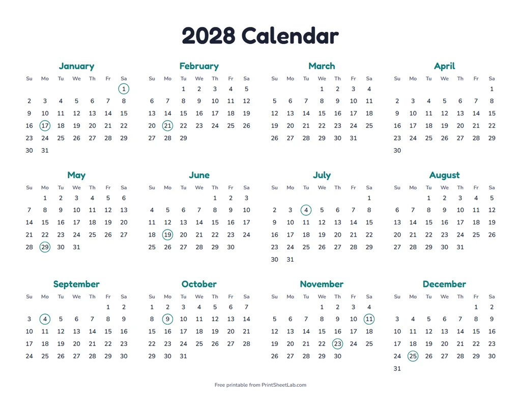 Holiday calendars 2027 and 2028 printable with public holidays marked