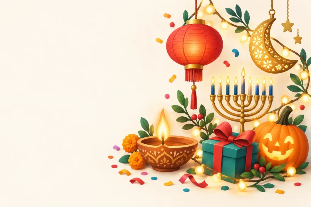 Illustration of festive objects from celebrations around the world: a diya lamp, a red lantern, a crescent moon lantern, a menorah, a jack-o-lantern and a gift
