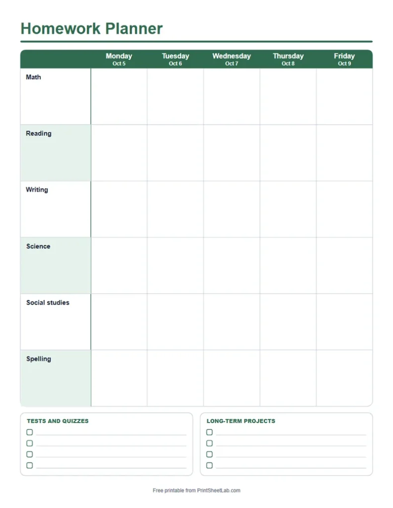 Homework planner printable with subjects by school day in the forest color theme