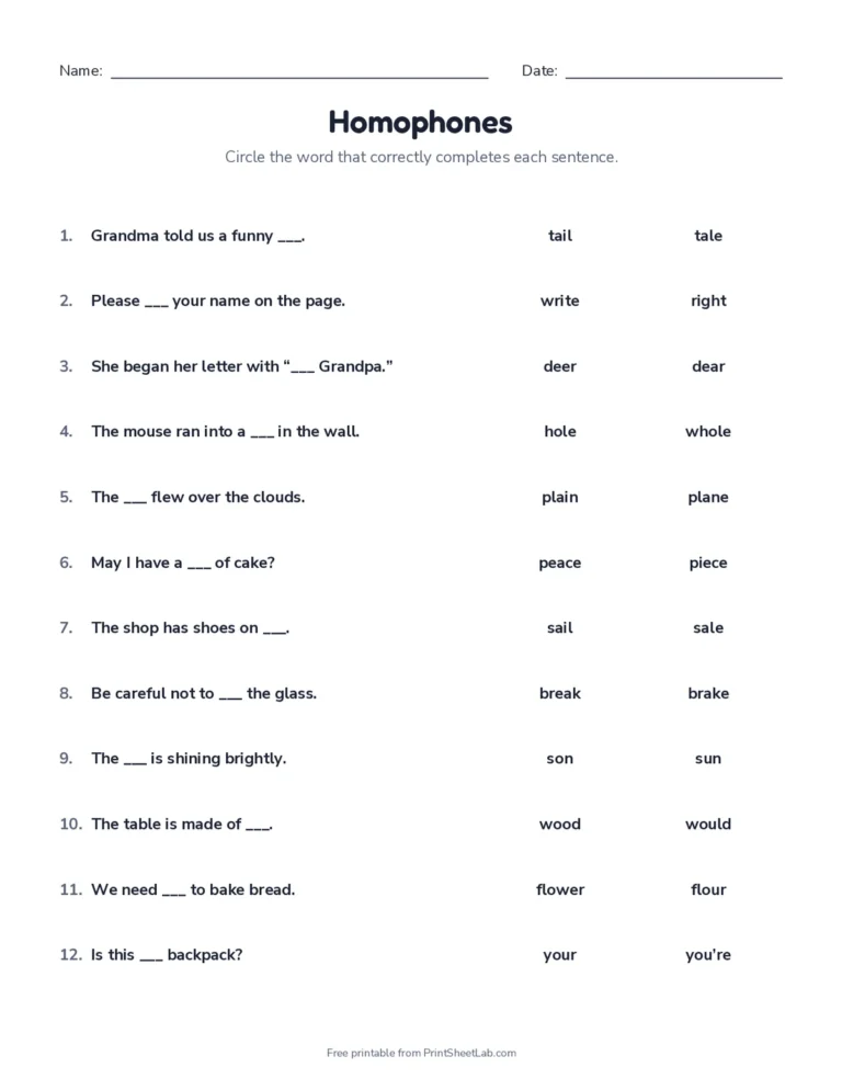 Choose the right homophone worksheet, set 2, with answer key