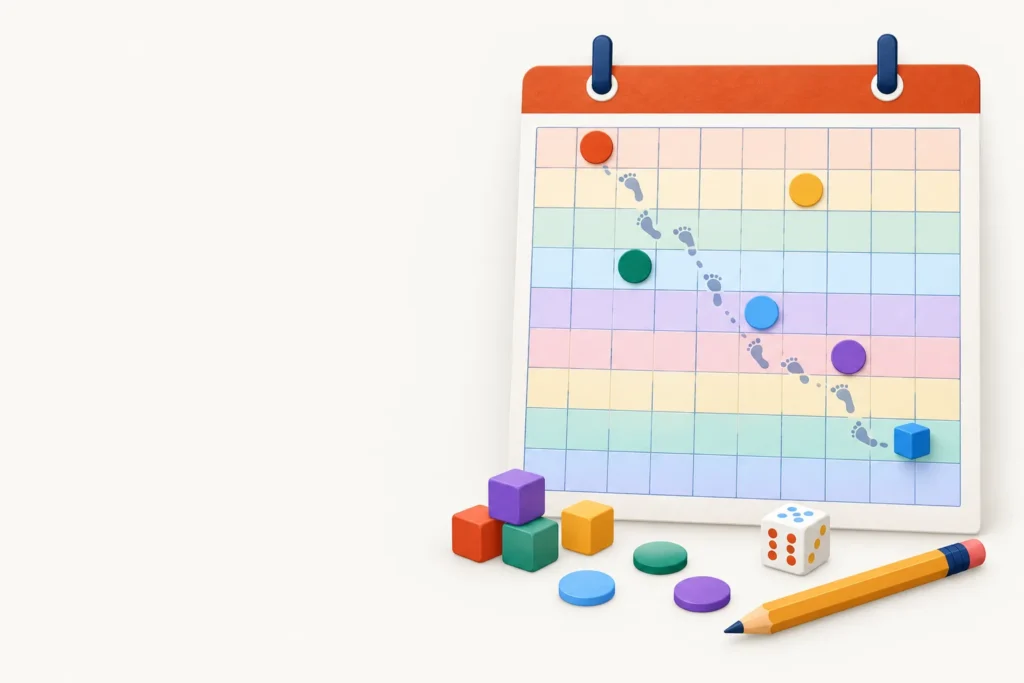 Illustration of a rainbow hundreds chart pinned to a board with counters, footprints hopping across it, cubes, a die and a pencil
