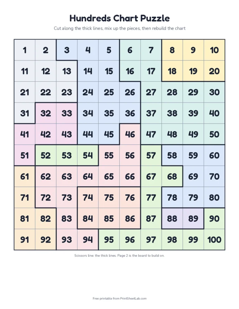 Cut-apart hundreds chart puzzle with a blank board to rebuild it