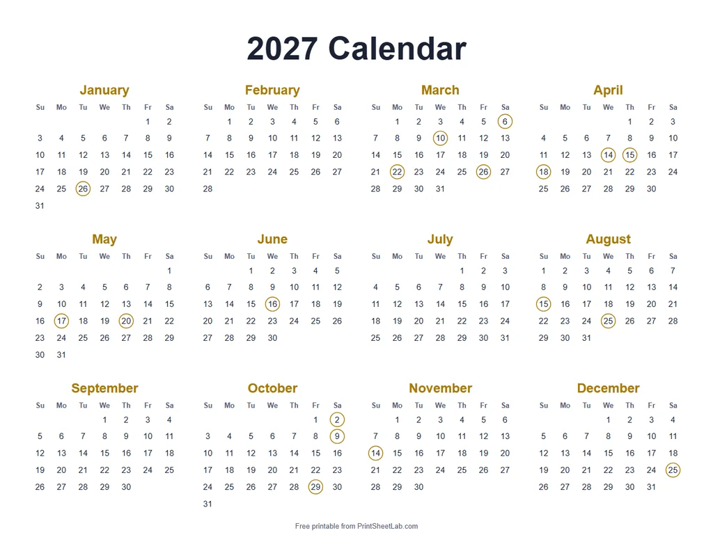 India Holidays 2027 in the mustard color theme