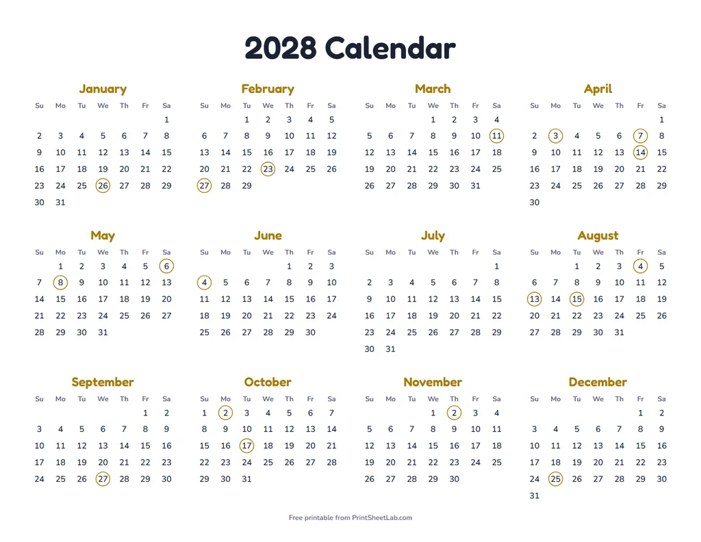 India Holidays 2028 in the mustard color theme