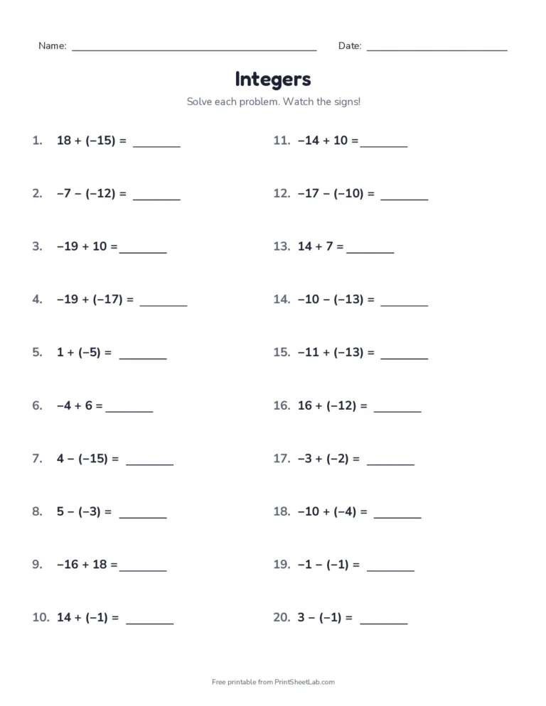 Adding and subtracting integers worksheet with answer key