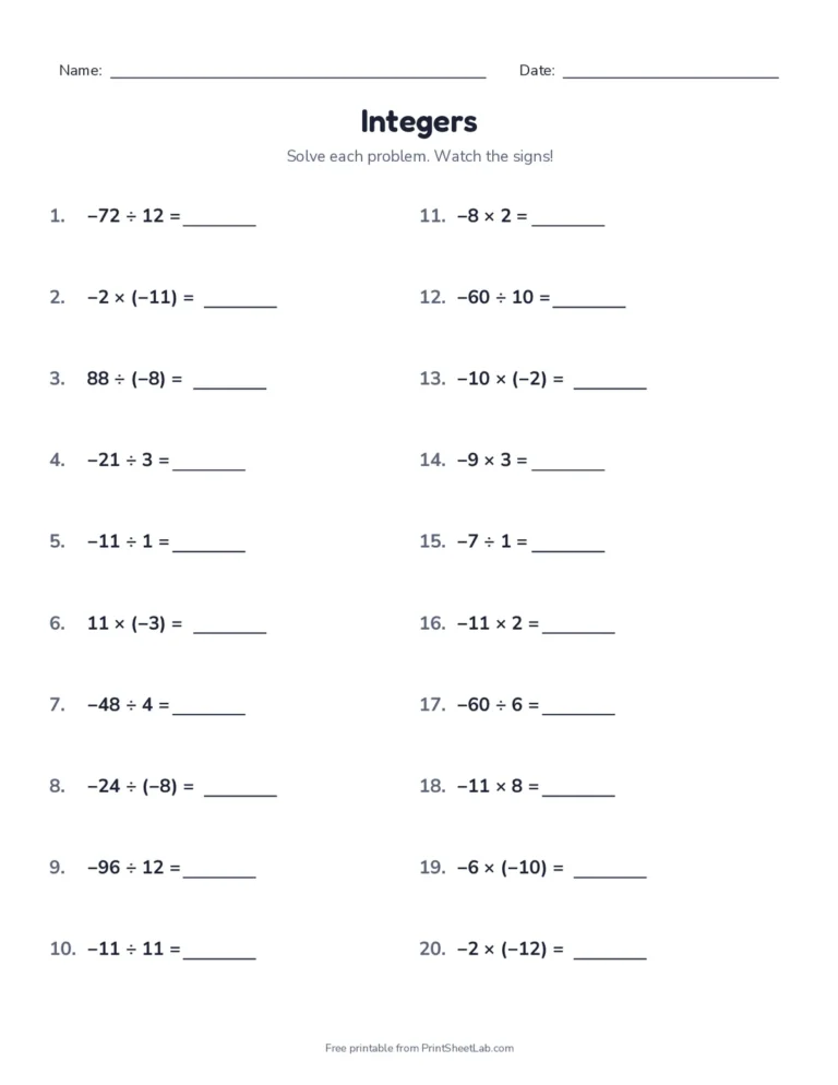 Multiplying and dividing integers worksheet with answer key