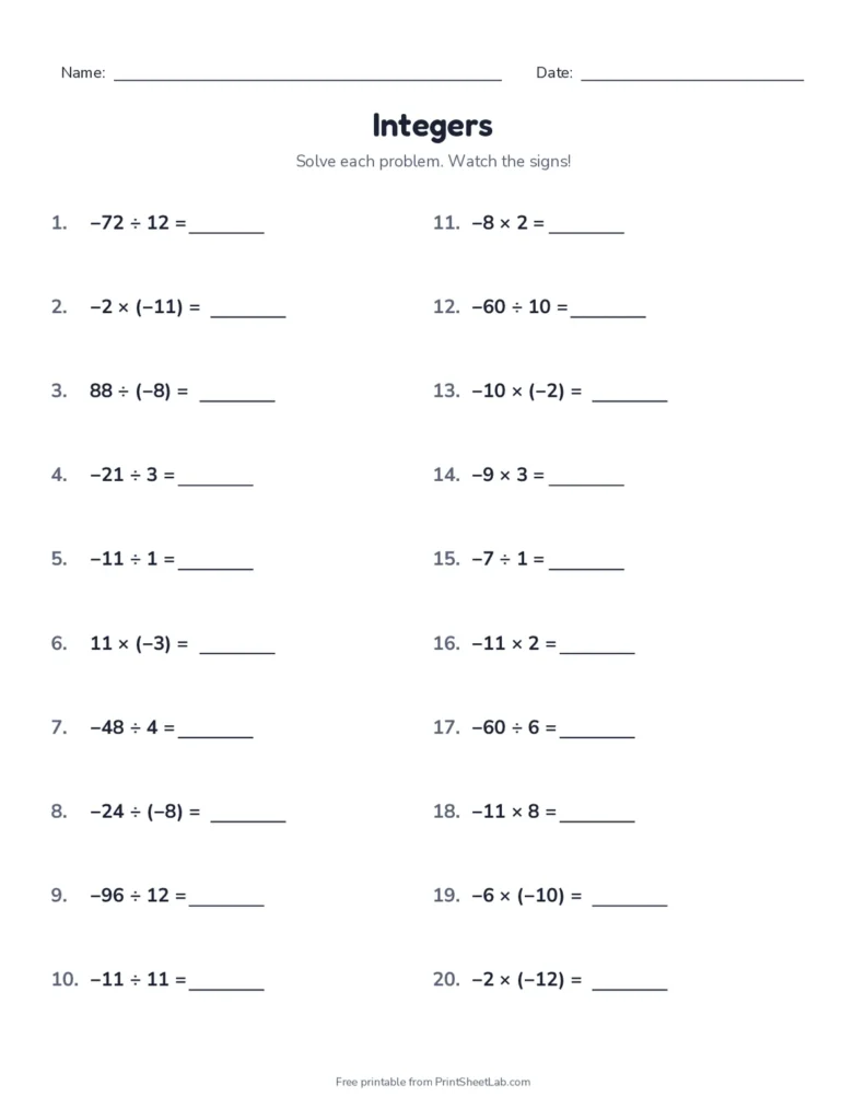 Multiplying and dividing integers worksheet with answer key